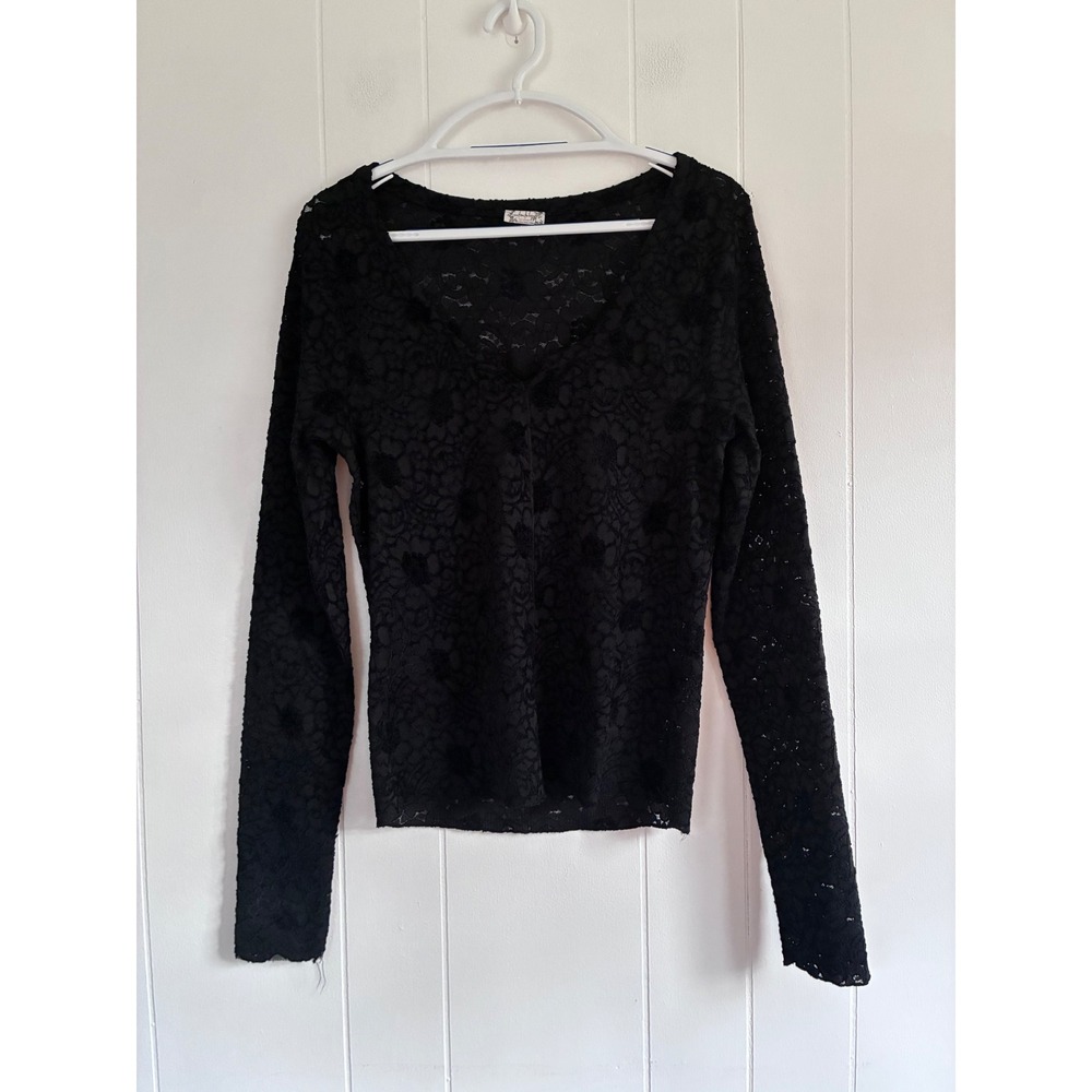 Intimately Free People Black Floral Lace Long Sleeve V-Neck Sheer Top XL